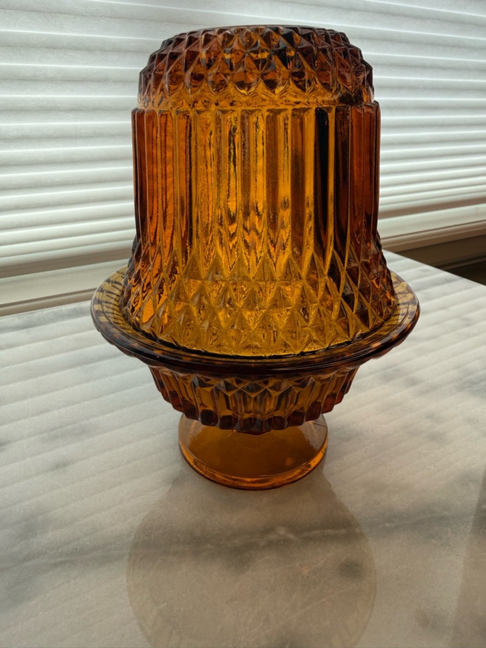 Vintage Indiana Glass Amber Fairy Lamp Diamond Point Pressed Glass Pedestal - Picture 8 of 9